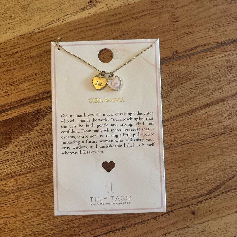 Tiny Tags Girl Mama Gold Plated Brass Necklace 16in Adjustable Pink Heart Charms